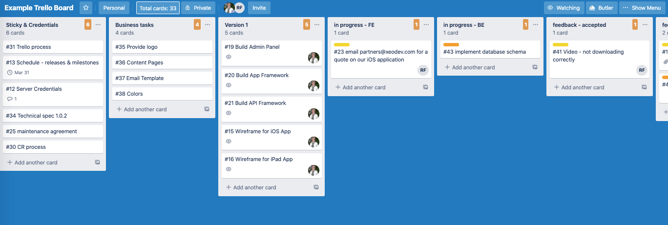 Example Trello board left side